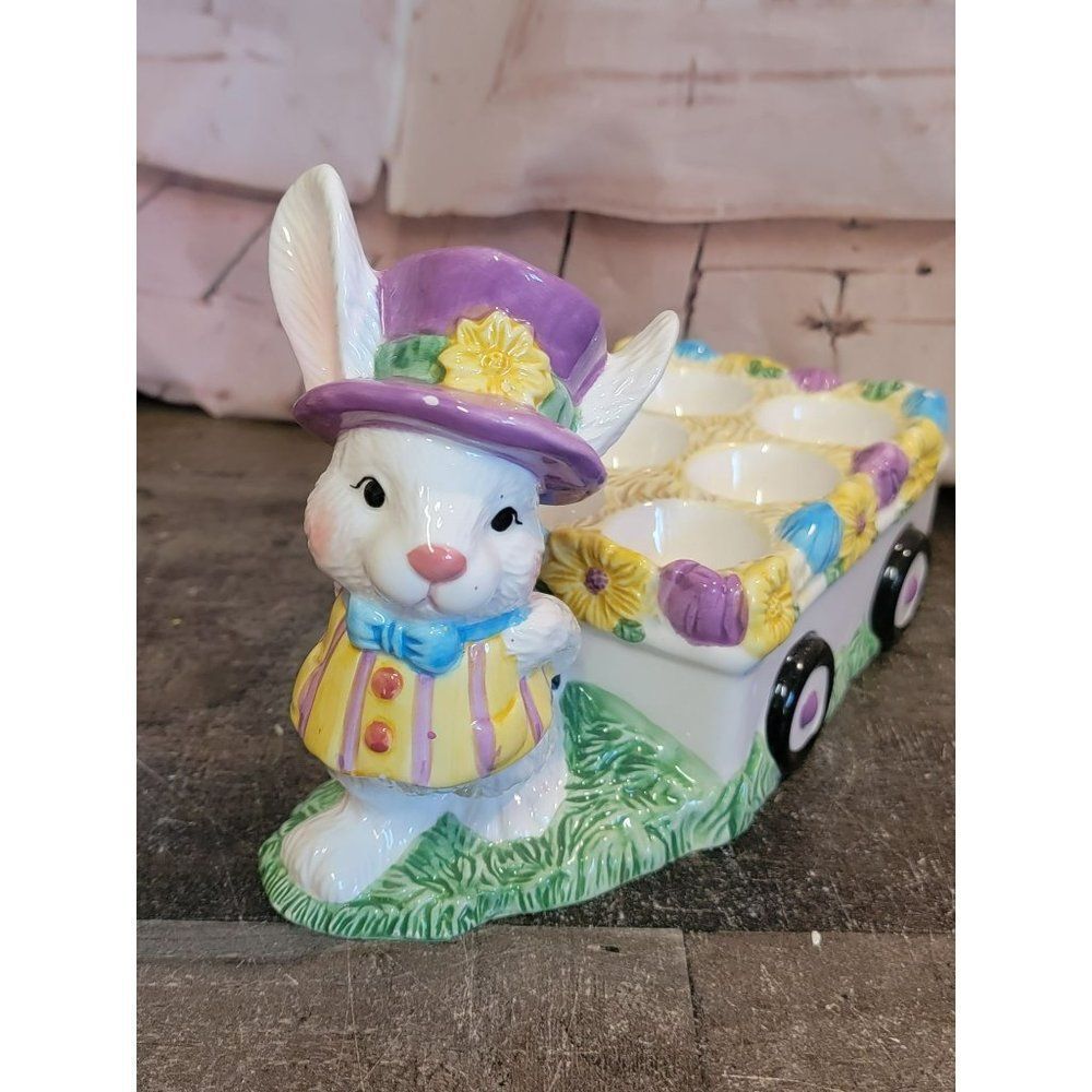 Figi ceramic‎ Easter egg cart holder rabbit home decor